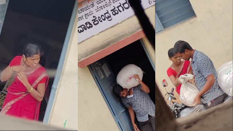 HateDetectors's tweet photo. Two school workers were caught stealing milk powder and groceries in separate cases in #Chincholi taluk of #Kalaburgi district and #Hunasagi taluk in #Yadgir district.
At the Government High School at #Chimmanachod village in Chincholi taluk, the school headmaster caught the midday meals supervisor #Narasamma red-handed stealing milk powder packets in her bag. The headmaster admonished her and later lodged a complaint with the taluk midday meal officials.
At the anganwadi centre-2 in #Hagaratagi village of Hunasagi taluk, anganwadi worker #Uma and her husband #Adappa were filmed siphoning off fortified rice, dal, groundnuts, jaggery and chikki, meant to be given to children, pregnant women and nursing mothers.
In a videos doing the rounds on social media, Uma can be seen peeping outside to check if her husband has come. In another video, Adappa can be seen carrying a huge sack on his shoulder from inside the anganwadi centre and keeping it on his motorcycle. Uma also comes with another bag which too she keeps on the motorcycle for her husband to take away.
Villagers have called for strict action against those stealing supplies meant for children and women.