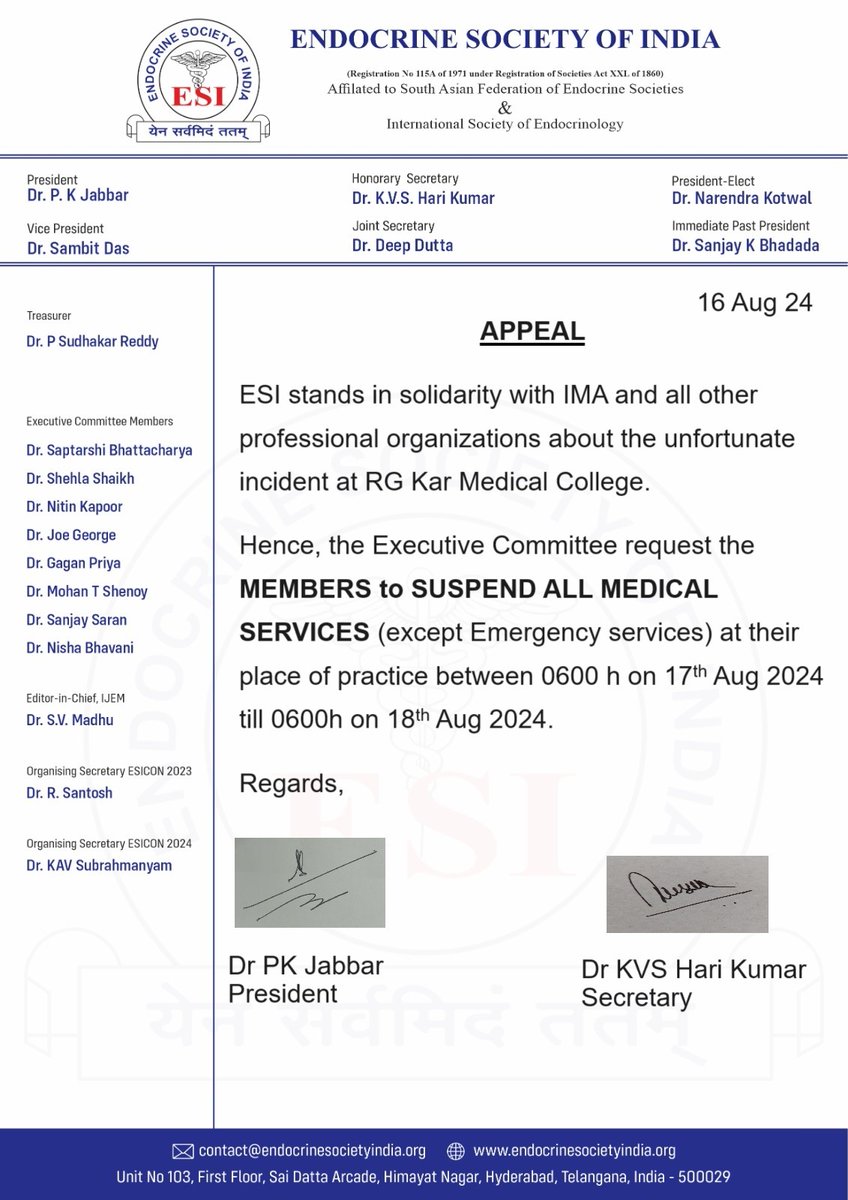 Endocrine Society of India (@indiaesi) on Twitter photo We condemn the brutal attack on the doctor in Kolkata. In support of and solidarity with <a href="/IMAIndiaOrg/">Indian Medical Association</a>, the ESI demands a safe workspace for doctors, healthcare workers ЁЯЗоЁЯЗ│
#JusticeForDoctor #endviolence #ImproveHealthcare ЁЯПе
<a href="/hariendo/">KVS Hari Kumar</a> <a href="/KapoorNitinDr/">Dr Nitin Kapoor</a> <a href="/deepduttaendo/">Dr. Deep Dutta</a> <a href="/ANI/">ANI</a> <a href="/PMOIndia/">PMO India</a> We condemn the brutal attack on the doctor in Kolkata. In support of and solidarity with <a href="/IMAIndiaOrg/">Indian Medical Association</a>, the ESI demands a safe workspace for doctors, healthcare workers ЁЯЗоЁЯЗ│
#JusticeForDoctor #endviolence #ImproveHealthcare ЁЯПе
<a href="/hariendo/">KVS Hari Kumar</a> <a href="/KapoorNitinDr/">Dr Nitin Kapoor</a> <a href="/deepduttaendo/">Dr. Deep Dutta</a> <a href="/ANI/">ANI</a> <a href="/PMOIndia/">PMO India</a>
