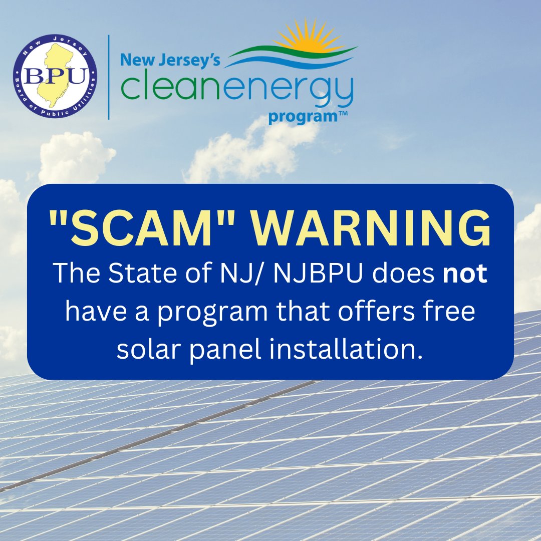 NJBPU's tweet image. The State of NJ and NJBPU do NOT have a program that offers free solar panel and roof installation for residents. Any claims that such programs exist are false. Visit njcleanenergy.com/renewable-ener… for all current NJBPU-sponsored solar incentive programs.