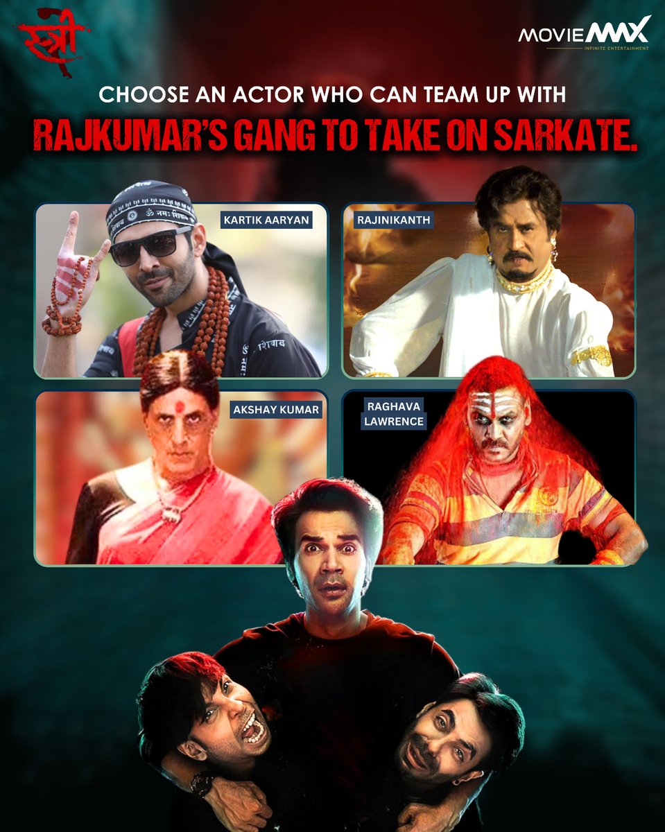 moviemaxoffl's tweet photo. Who's the perfect partner in crime for Rajkumar to take on the evil forces in Stree 2? ๐๐ฏ Cast your vote! Choose an actor who can team up with Rajkumar to save the day! ๐๐ป
Book Tickets Now... https://t.co/Ly3gHP94pA
#Stree2 #MovieNight #ComedyCrew #ShradhaKapoor #RajkummarRao #TamannaahBhatia #MovieMaxOfficial #AparshaktiKhurana #AbhishekBanerjee
@ShraddhaKapoor @RajkummarRao @TripathiiPankaj @nowitsabhi @Aparshakti @tamannaahspeaks @amarkaushik #DineshVijan #JyotiDeshpande @nirenbhatt @sharadakarki @PVijan @jiostudios @SachinJigarLive @Soulfulsachin @JIGARSARAIYA #amitabhbhattacharya @just_in_hevan @saregamaglobal @PenMovies