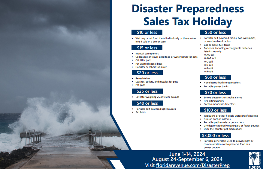 Save on hurricane season preparations in Florida! 🌀☔ The sales tax holiday runs from August 24 to September 6, 2024. Enjoy 7% savings on eligible items. Don’t miss this opportunity to make your purchases more affordable. #HurricanePreparedness 🛍️🔋