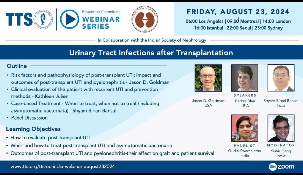 Jasmine Sethi (@jasminenephro) on Twitter photo 👍🔥Join us for webinar on Urinary tract infections post transplantation on August 23 (6:30 pm IST)
Link us02web.zoom.us/webinar/regist…
<a href="/isn_india/">Indian Society of Nephrology</a> <a href="/drshyambansal/">Shyam Bansal</a> <a href="/arvindcanchi/">Arvind Canchi (Conjeevaram)🇮🇳</a> <a href="/SwarnalathaGud2/">Swarnalatha Guditi</a> 👍🔥Join us for webinar on Urinary tract infections post transplantation on August 23 (6:30 pm IST)
Link us02web.zoom.us/webinar/regist…
<a href="/isn_india/">Indian Society of Nephrology</a> <a href="/drshyambansal/">Shyam Bansal</a> <a href="/arvindcanchi/">Arvind Canchi (Conjeevaram)🇮🇳</a> <a href="/SwarnalathaGud2/">Swarnalatha Guditi</a>