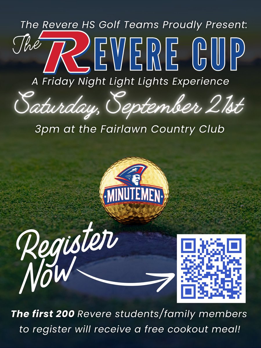 We’ve set a date for…The 4th Annual Revere Cup - A Friday Night Lights Experience! Our event is open to the entire Revere community, and Akron golf community. All details can be found in the attached flyer. Please use this link to register in advance: forms.gle/aCL2JSfENacDkc…