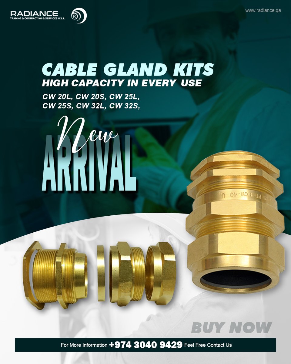 Radiance Qatar introduces new arrival Cable Gland Kits 🪙👨🏻‍🔧, ensuring secure attachment for electrical, control, data, and telecom cables ⚡📈, providing high capacity for every use.

🟩 CW 20L, CW 20S, CW 25L
🟩 CW 25S, CW 32L, CW 32S