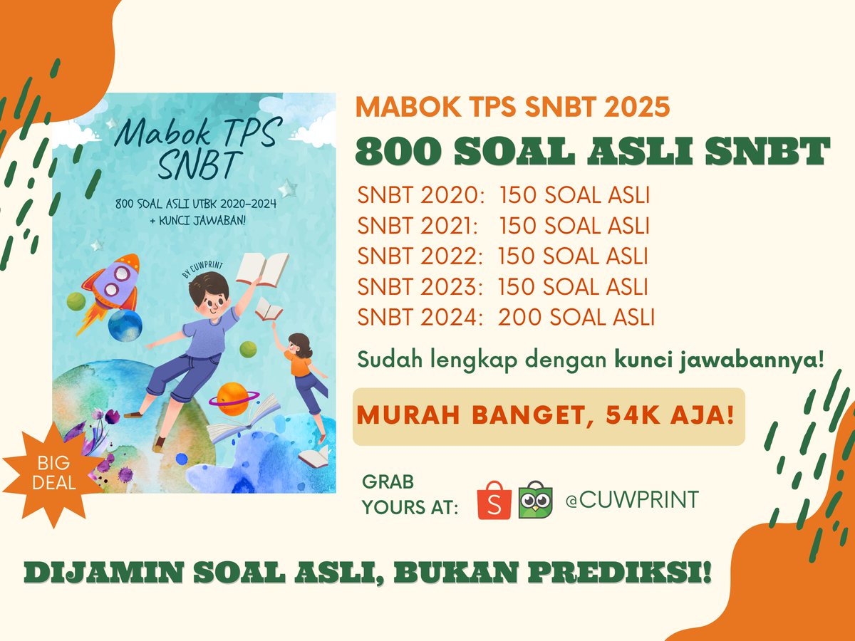 Recommended!
Buku MABOK SNBT 2025 by <a href="/cuwprint/">BUKU MABOK TPS 2026 IS UPDATED✨</a>

Isi buku: 800 SOAL ASLI SNBT 2020-2024 yang sudah LENGKAP dengan KUNCI JAWABAN!

Full SOAL ASLI SNBT! BUKAN PREDIKSI.
Cocok bgt buat kamu yang siap dibikin mabok sama puyengnya soal-soal asli SNBT😁

Gass yu mampir sini👇
🧡: