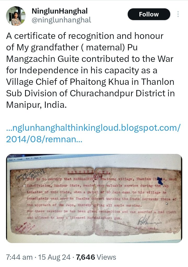 gisa_rose's tweet photo. It's audacious for #Kuki_Zo to claim a role in #India's fight for independence when, in reality, they allied with the #British forces against the very struggle led by #Subhas_Chandra_Bose and the #Japanese. #Kuki collaboration with the British is a blatant betrayal of the true independence movement, yet figures like @ninglunhanghal audaciously present it as a point of pride. Such actions are not just a betrayal—they're a stain on the legacy of the freedom fighters who genuinely sought to liberate #India.
Let's be clear: the #Kukis weren't fighting for #India's #independence—they were actively opposing it, standing with those who sought to keep India in chains. It's a distortion of history to suggest otherwise.
@AmitShah @narendramodi @PMOIndia @rashtrapatibhvn @NBirenSingh @Manipur12345 @adgpi @official_dgar @Spearcorps @BSF_India @crpfindia @BJP4India @INCIndia @aajtak @ABPNews @ANI @EastMojo @IndiaToday @IndiaTodayNE @republic @News18India @htTweets @the_hindu @TimesNow @being_chikim @ITLFMedia_Cell