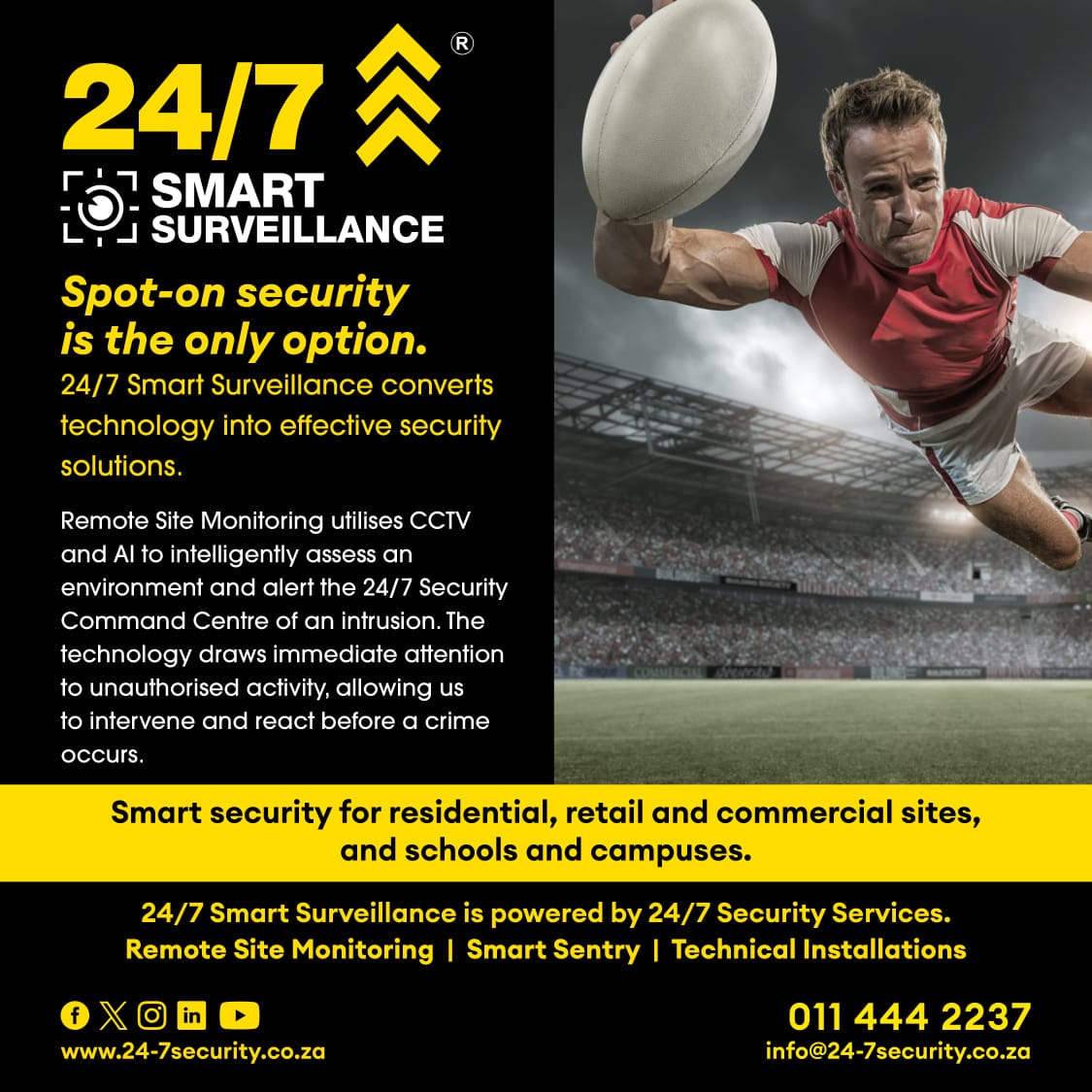 247SecurityZA's tweet image. In the security game, every move counts.
24/7 Smart Surveillance converts technology into effective security solutions that scores when it matters most.

#247smartsurveillance 
#remotesitemonitoring
#offsitemonitoring
#team247 #proudly247 #247security #247securityservices 🇿🇦