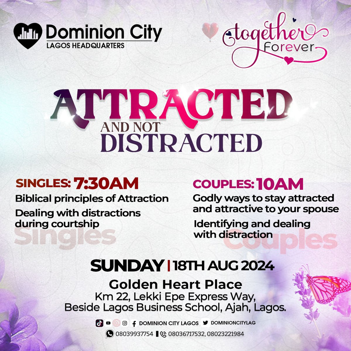 dominioncitylag's tweet photo. In a world filled with distractions, staying focused on what truly matters can be challenging.
Join us this Sunday.
Time: FIRST SERVICE: 7:30 AM (SINGLES ONLY)
SECOND SERVICE: 10:00 AM (MARRIED ONLY)
#DominionCity #DCLagosHq #AttractedNotDistracted #RelationshipSeries https://t.co/IONmBx5py3