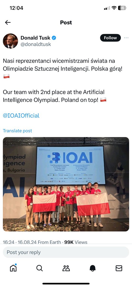International Olympiad in Artificial Intelligence (@ioaiofficial) on Twitter photo The Prime Minister of Poland Donald Tusk <a href="/donaldtusk/">Donald Tusk</a> has also given a shoutout to the Polish team who won 2nd place overall and a Special award for Exceptional Achievement at the 1st International Olympiad in Artificial Intelligence in Bulgaria!
Congratulations, team Poland! The Prime Minister of Poland Donald Tusk <a href="/donaldtusk/">Donald Tusk</a> has also given a shoutout to the Polish team who won 2nd place overall and a Special award for Exceptional Achievement at the 1st International Olympiad in Artificial Intelligence in Bulgaria!
Congratulations, team Poland!