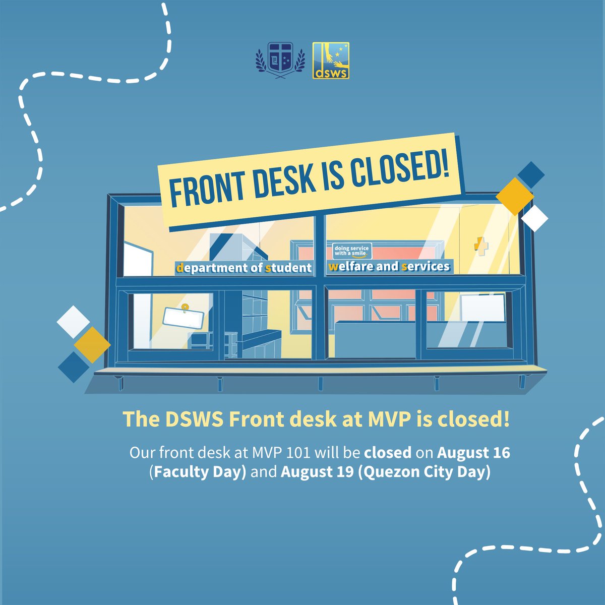 AteneoDSWS's tweet photo. Hey Ateneans!

Please note that our services will be officially closed on August 16 (Friday) for Faculty Day and August 19 (Monday) for Quezon City Day.

We’ll be back to serve you with a smile on August 20 (Tuesday)!

Spiel by: Sarah Niaga
Pub by: JM Lobrin https://t.co/t45wGlg8un