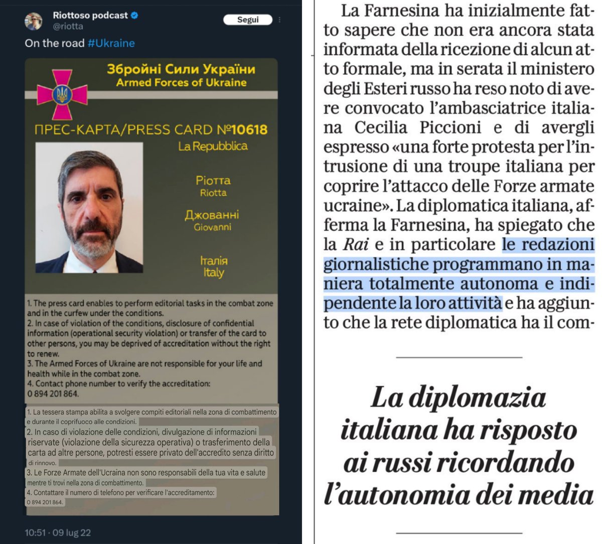MarceVann's tweet photo. Ce lo spiega l'ineffabile #Piotta quali permessi ha dovuto ottenere per entrare in territorio ucraino: anche se avrei tanto voluto vederlo con l'elemetto e il pugno chiuso puntato al cielo, sfondare il confine senza autorizzazione, come fatto dall'indomita Stefania Battistini. 🤦🏻 https://t.co/6lvltf1D6P