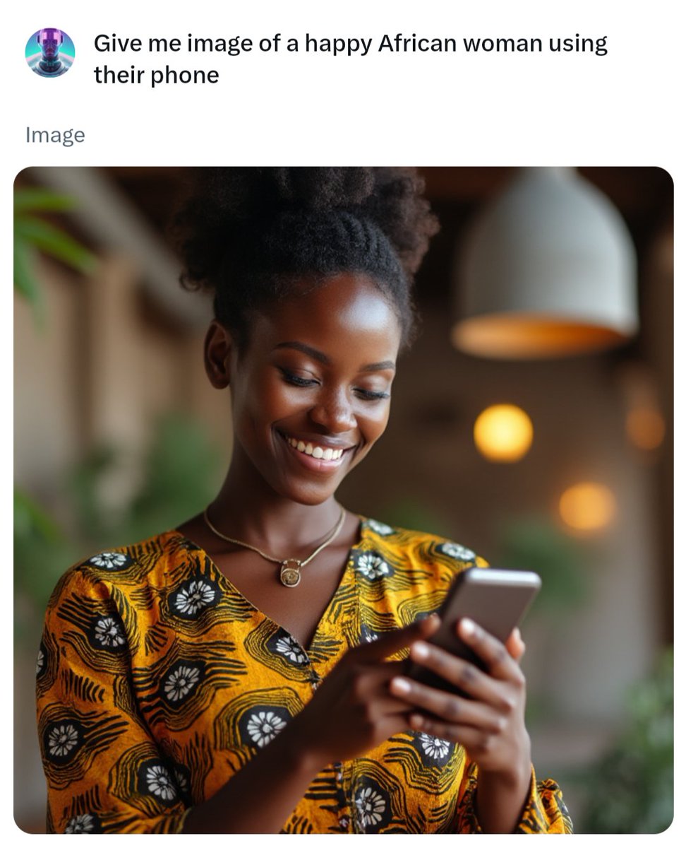 I have to say image generation by Grok is truly remarkable. I asked for an image of a happy African woman using their phone. It even gave me the African print attire.