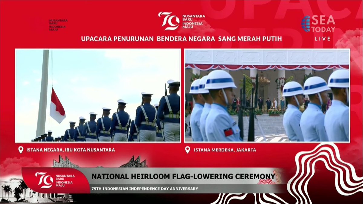 48bolaID's tweet photo. Dari Ibu Kota Nusantara, bendera Merah Putih telah diturunkan dan dikembalikan ke Presiden Joko Widodo
Upacara Penurunan Bendera digelar 1 jam lebih cepat daripada biasanya, karena mengikuti pelaksanaan di IKN (Waktu Indonesia Tengah)
#RI79 #HUTRI79 https://t.co/yde2FcSpWc
