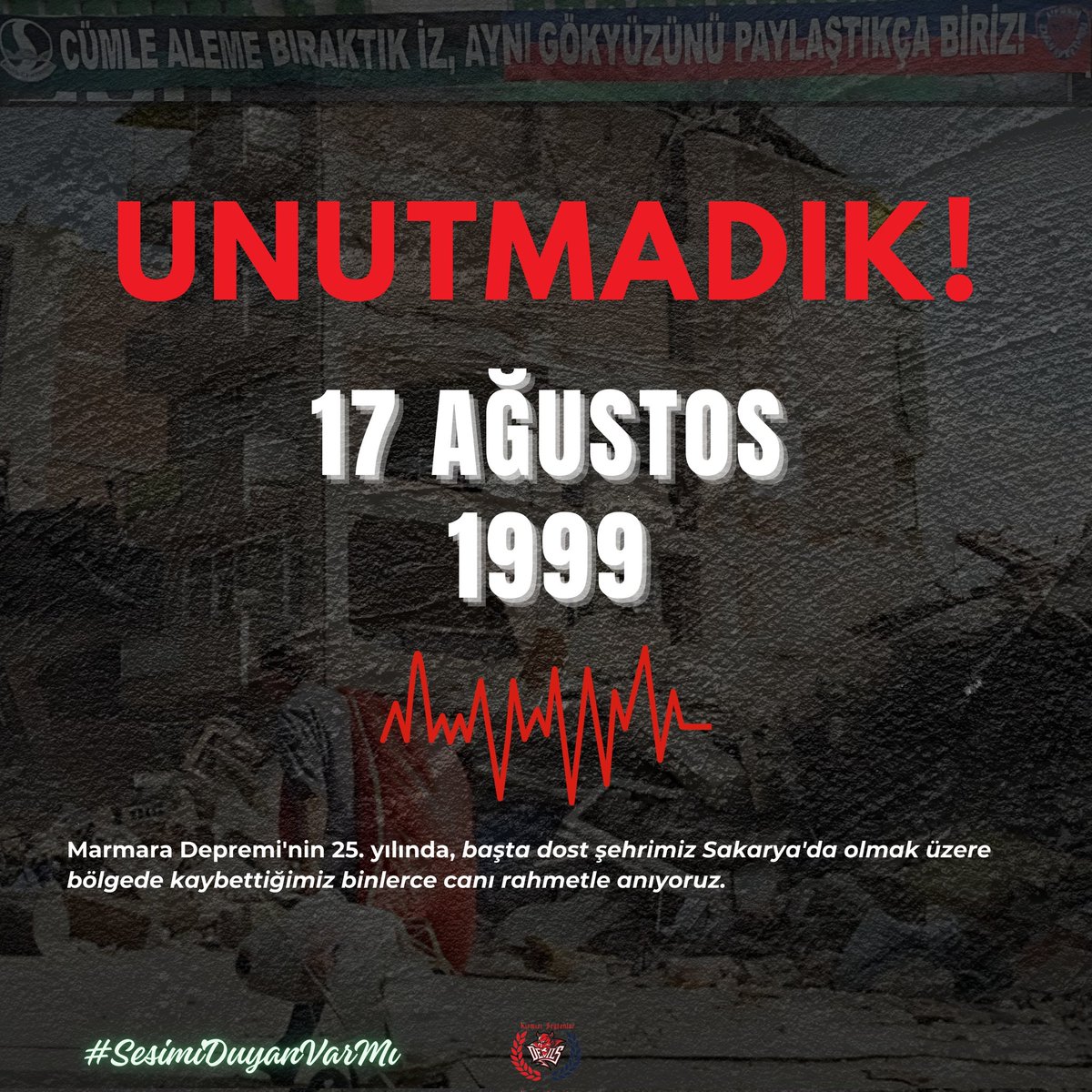 #17Ağustos Marmara Depremi'nin 25. yılında, başta dost şehrimiz Sakarya'da olmak üzere bölgede kaybettiğimiz binlerce canı rahmetle anıyoruz.
#SesimiDuyanVarMı