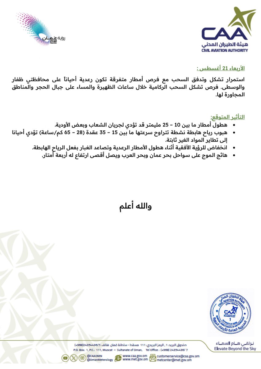 OmanMeteorology's tweet photo. تقرير رقم (1) 
 حالة الطقس المتوقعة على أجواء سلطنة عمان خلال الفترة (19 -21 أغسطس 2024) https://t.co/Cd4R02meNv