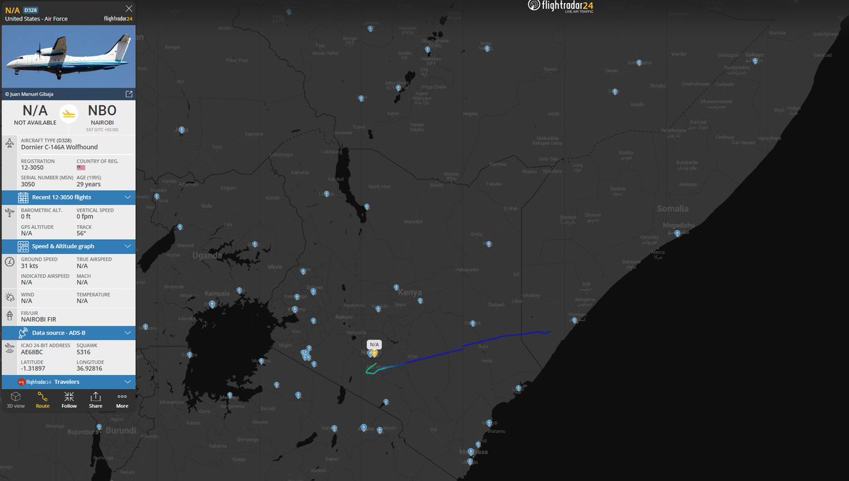 Dinlas3's tweet photo. 🇺🇸USAF C-146A United States Special Operations Command (USSOCOM) Dornier C-146A Wolfhound w/ reg. 12-3050 appeared near 🇸🇴Kismayo, Somalia and went to 🇰🇪Nairobi, Kenya. #AE68BC @Borrowed7Time https://t.co/xeNFpM0HWb