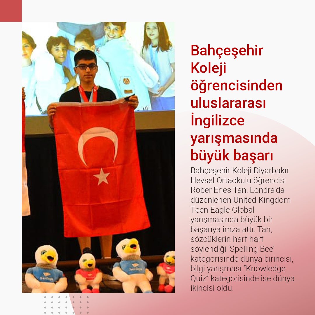 Londra'da düzenlenen Teen Eagle İngilizce yarışmasına katılan Bahçeşehir Koleji Diyarbakır Hevsel Ortaokulu öğrencisi Rober Enes Tan, ‘Spelling Bee’ kategorisinde dünya birincisi, bilgi yarışması “Knowledge Quiz” kategorisinde ise dünya ikincisi oldu.
dha.com.tr/egitim/diyarba…
