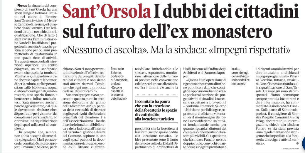 #LaboratorioSanLorenzo
via <a href="/iltirreno/">Il Tirreno</a> #Firenze 
'Sant'Orsola: I dubbi dei cittadini sul futuro dell'ex monastero. "Nessuno ci ascolta". Ma la sindaca: "Impegni rispettati"'