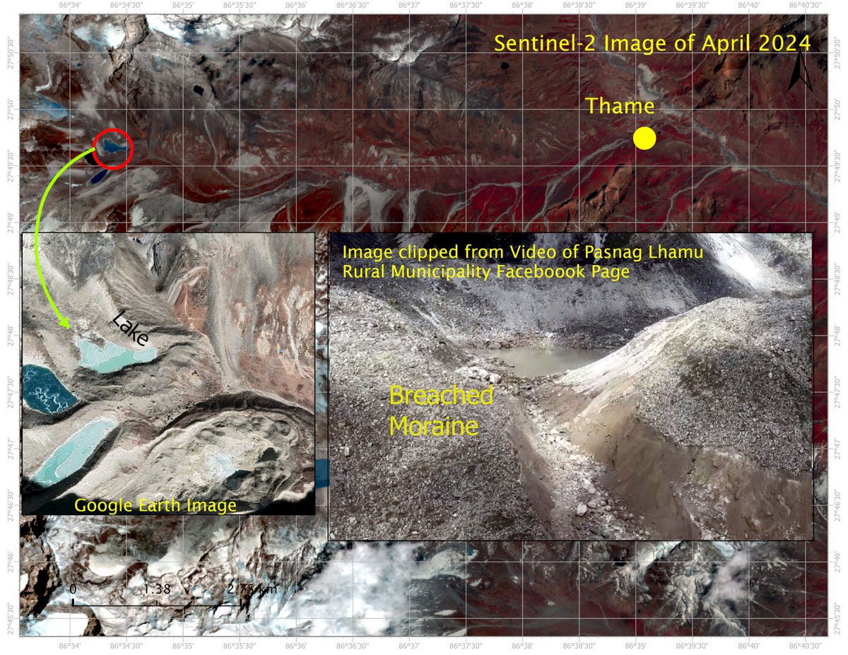 The lake, which is approximately 39,081.87 square meters in size and located upstream of Thame Village in Pasang Lhamu Rural Municipality, caused the devastation in Thame Village on August 16th. It is located on the way to Tashi Lapcha Pass from Thame.