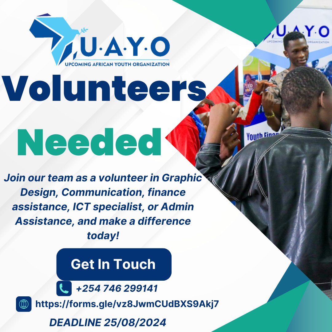 We are excited to offer you the opportunity at (UAYO), 
We are looking for passionate volunteers to fill the following roles: Graphic Designer, Communication Department, ICT  Department, and Administration Assistant.
DEADLINE 25/08/2024, 
Apply now and be part of the change!