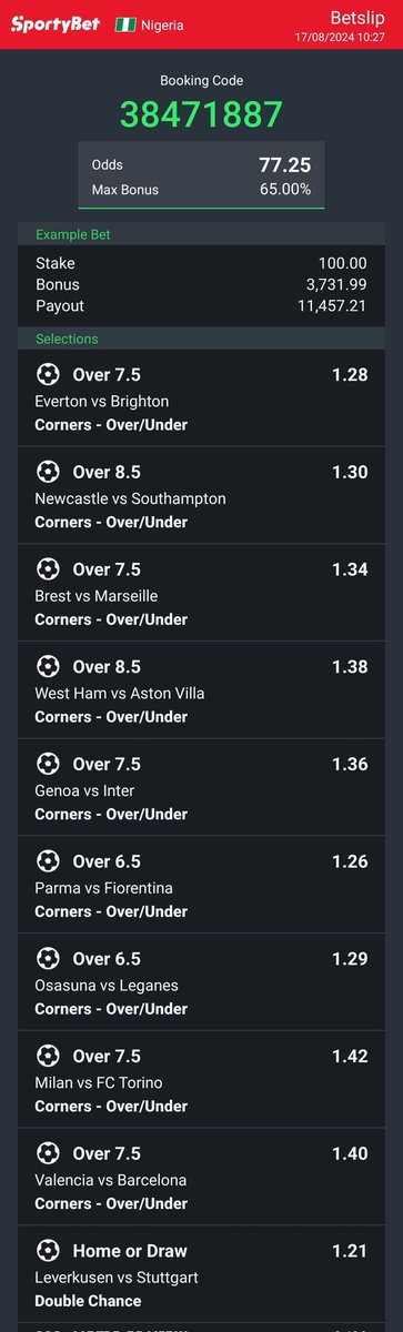 CEACER042's tweet photo. First 60 to like and RT get 4k each✅ 

CORNER KICK 🔞

38471887
4F121D9
21DCEB

Gamble responsible 🎉

Make sure you stake ✅ 

@Ekitipikin  @hlstats @BETFUSE1 @jayfund11 @_kennyblaze1391 @Akinde4486 https://t.co/WCTgiT4Nvw