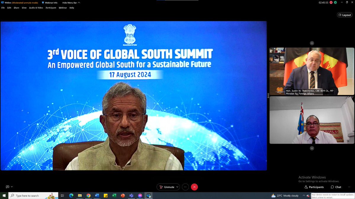 HCI_Suva's tweet photo. Thank #Tuvalu Minister of Foreign Affairs, Labour and Trade Hon. Paulson Panapa for his valuable insights during the Foreign Ministers’ Session of the 3rd Voice of Global South Summit hosted by EAM @DrSJaishankar. #VOGSS @meaindia @indiandiplomacy @Tuvalu_MJCFA https://t.co/9jJZgs0sjW