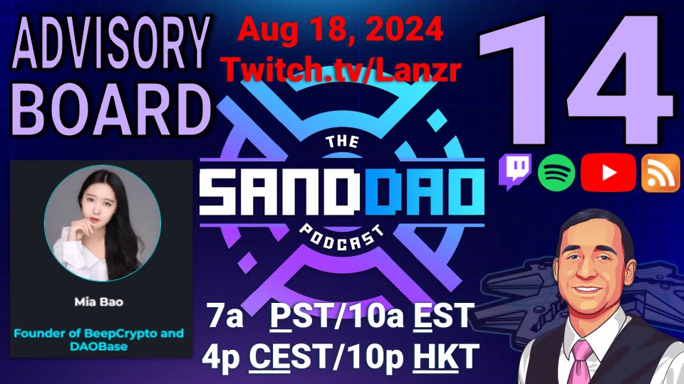 🎙️#SandFam！SANDDAO #Podcast 14 将于周日通过 Twitch.tv/Lanzr 播出。我们将与顾问委员会成员 @mialalala2 交谈。有问题欢迎提问！#TheSandboxGame #TheSandboxDAO