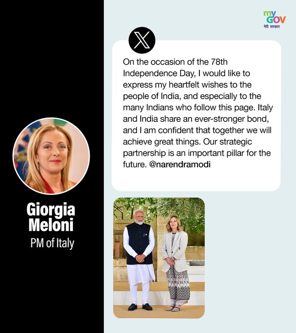 manipurmygov's tweet photo. On the occasion of the 78th Independence Day, I would like to express my heartfelt wishes to the people of India: @GiorgiaMeloni, PM of Italy. #IndependenceDayGreetings #GlobalCheers https://t.co/ThawmQDqSQ