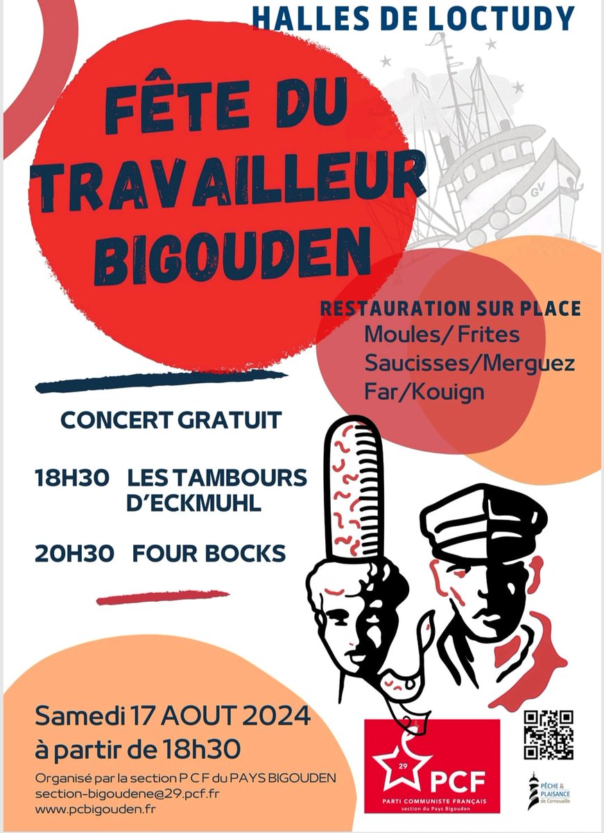 OrvaultPcf's tweet photo. 🚩 A ne pas rater, la Fête du Travailleur Bigouden, c'est ce samedi 1️⃣7️⃣ août, organisée par le @29pcf⤵️
Rdv nombreuses et nombreux dès 18h30 aux Halles de #Loctody, pour des concerts gratuits et une super ambiance garantie!✊
#Finistere #PCF #PCF29 #Bretagne #JoursHeureux https://t.co/KeHMAvmMUF