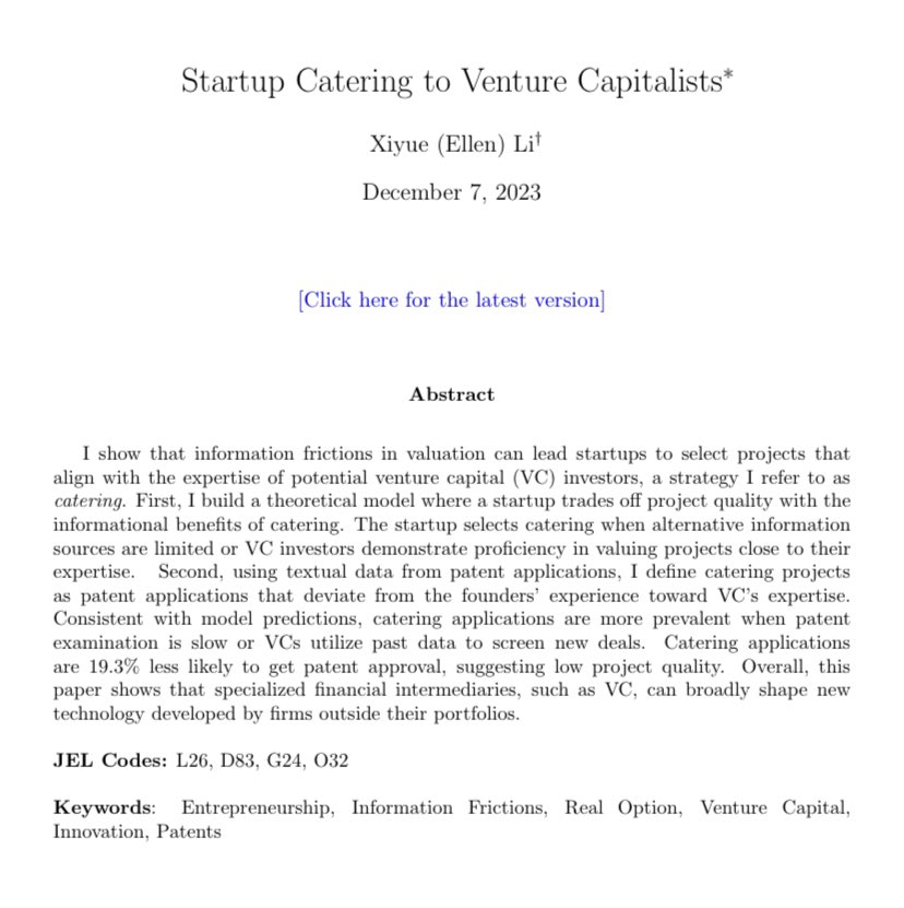 Venture Capitalists have a poor understanding of valuation, relying on past experience and signals to imply value.

Thus, founders gravitate towards ideas that VCs are more likely understand, to reduce fundraising friction.

Outlined in this paper by <a href="/EllenXiyueLi/">Ellen Xiyue Li</a> (more below):