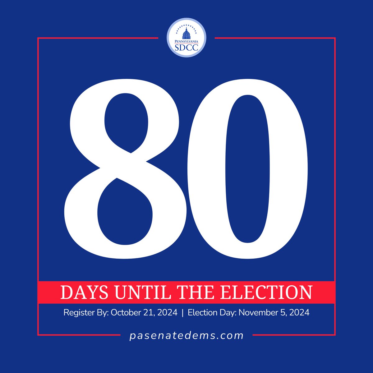 PaSDCC's tweet photo. Only 80 days left until the Election! Double check you're registration and make sure you're all set to cast your vote. It's your turn to make your voice heard in Pennsylvania! 🗣⏳ #CountdownToElection #PASDCC #YourVoteMatters https://t.co/uHFYZNCqny