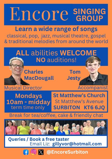 EncoreSurbiton's tweet photo. Autumn Term starts 2nd September.

NEW MEMBERS WELCOME!

Pop in for a free taster (of the singing and the cake!)

@CBeqMacD 

#choir #communitychoir #surbiton #singing https://t.co/1gvFvt5Yt3