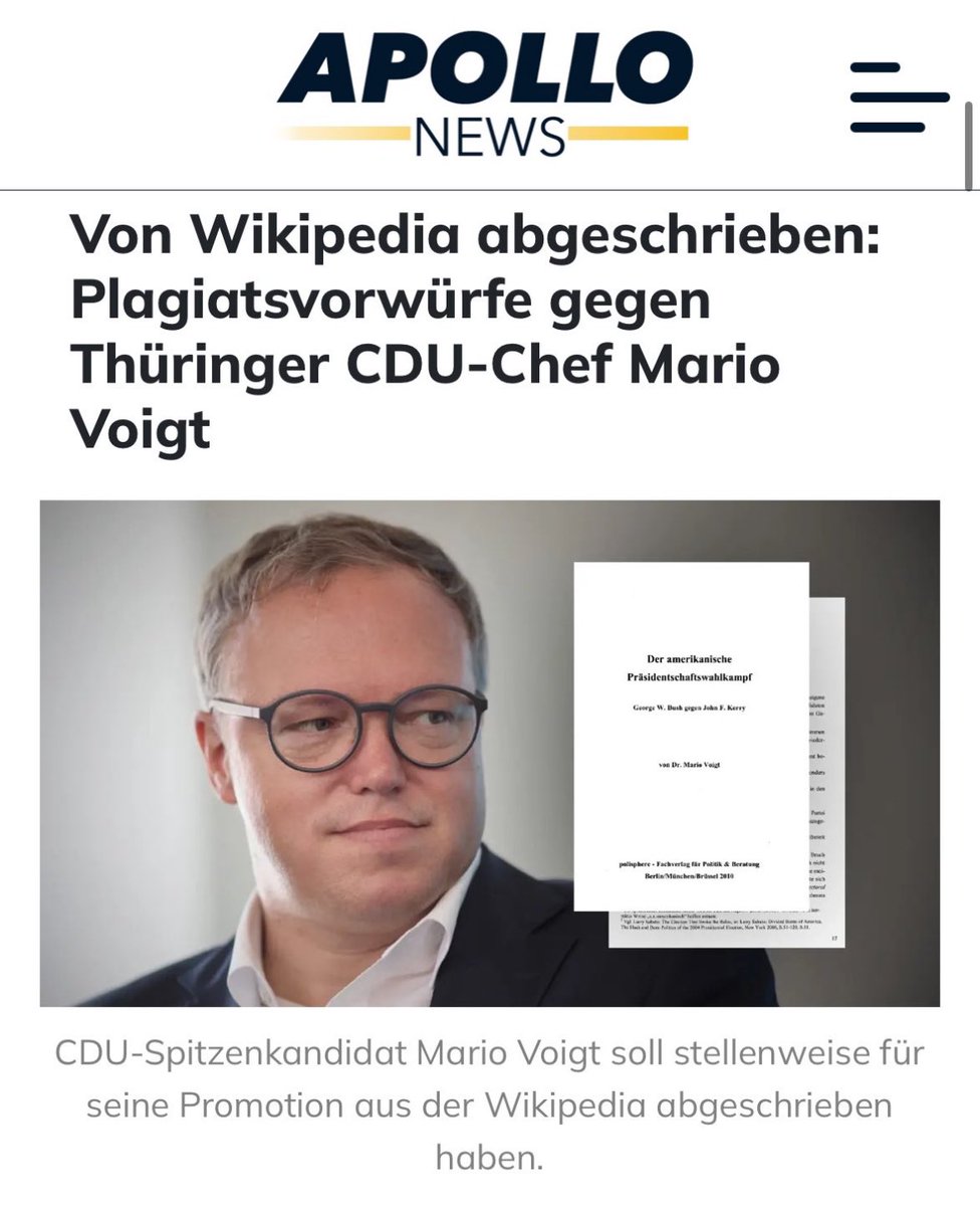 Mahlzeit zusammen🙋‍♂️ 
Wie kann man nur so hirnverbrannt sein und Teile seiner Doktorarbeit bei Wikipedia abzukupfern? 😂😂😂😂

#Voigt #Mettbrötchen #CDU