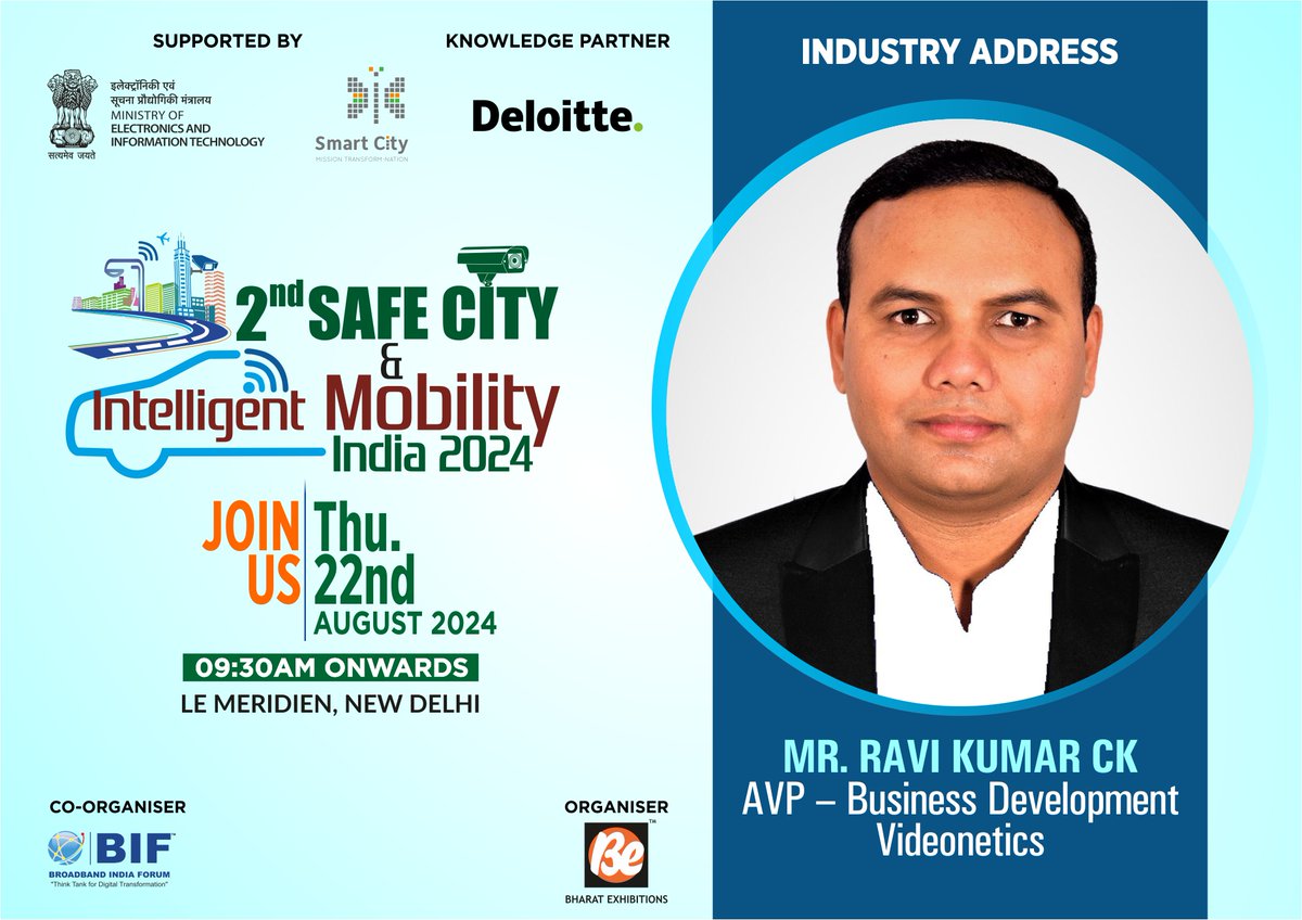 be_exhibitions's tweet photo. Hello All,

Mr. Ravi Kumar CK, AVP – Business Development, #Videonetics will deliver the #IndustryAddress 🤝 during the 2nd #SafeCityandIntelligentMobilityIndia2024.

JOIN US.

📅 22nd August, 2024
📌 Le Meridien, New Delhi
📞 9958233434 (Mr. Ranjeet K Singh)

#SCIMI2024 https://t.co/syWkUxt08d