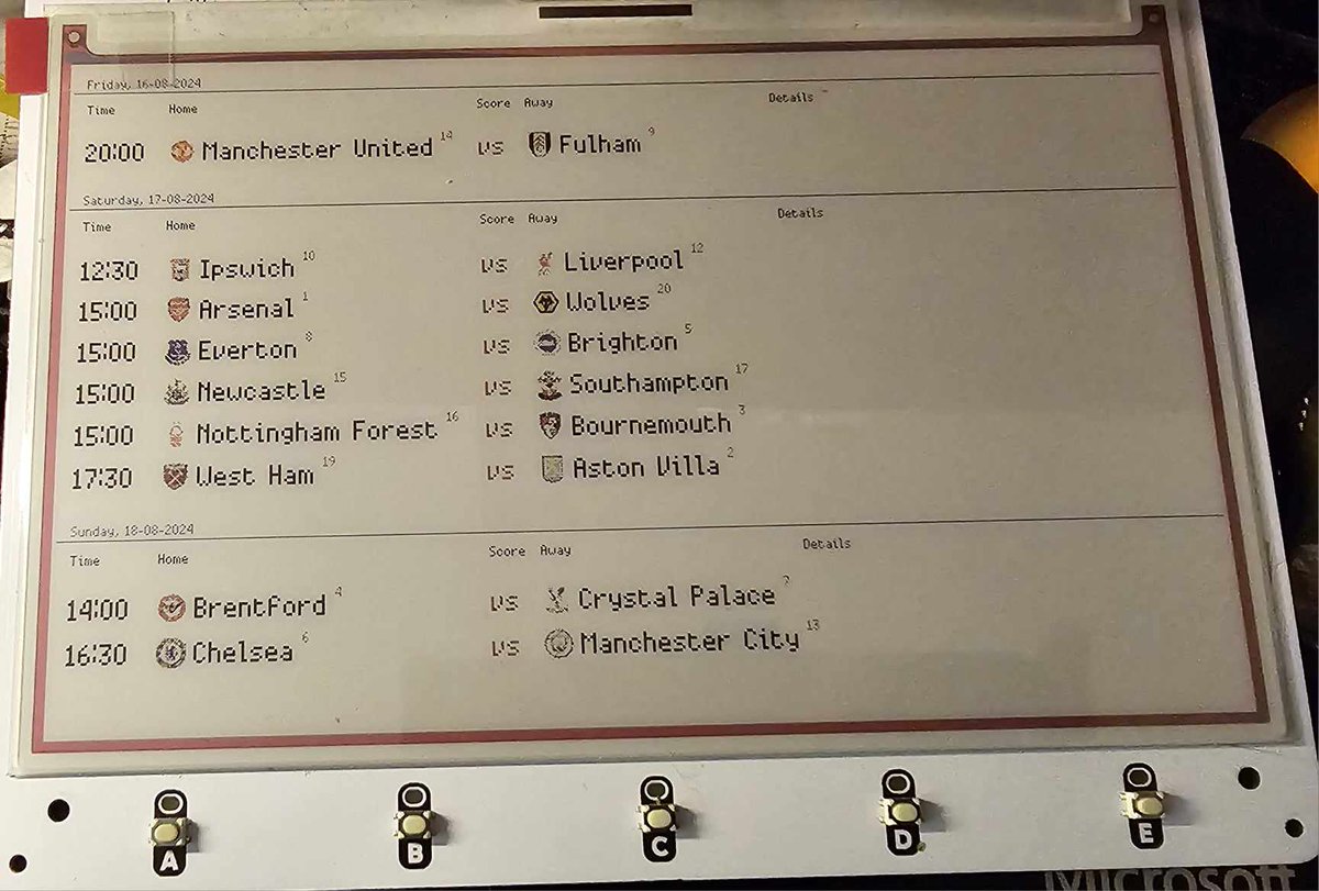 MrGlennJones's tweet photo. I've uploaded the @pimoroni #PremierLeague Inky Footy Frame project to #GitHub for you all to try out!
🏴☠️⚽️😀👍
https://t.co/23Ti1n2yIU
it's in a very alpha stage! would love help in developing it further!
#PICO #raspberrypi #raspberrypico #maker #pythonprogramming #Python https://t.co/DJauukHUqq