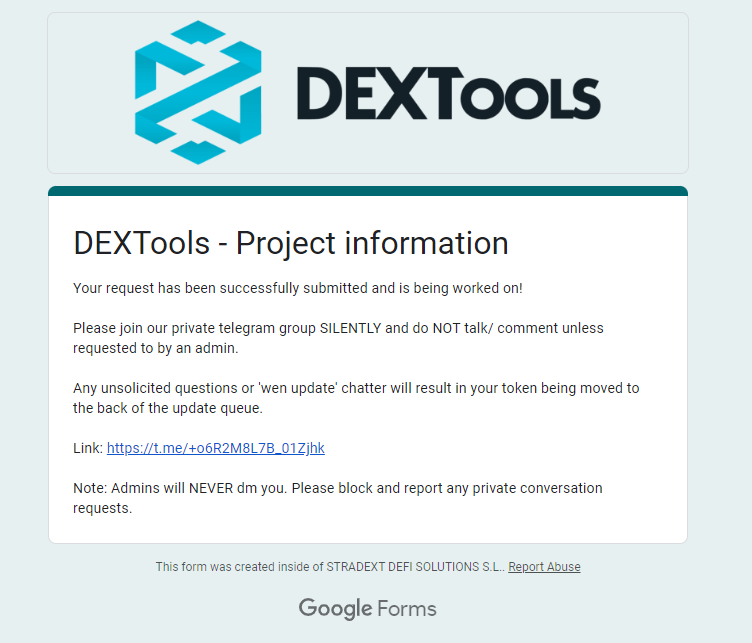 Just submitted a request to update our socials on DexTools!🚀 Soon, new buyers will see we’re legit. Meanwhile, vote for our token on DEXTOOLS to boost our ranking!

P.S. Roadmap for the next two weeks dropping soon!👀