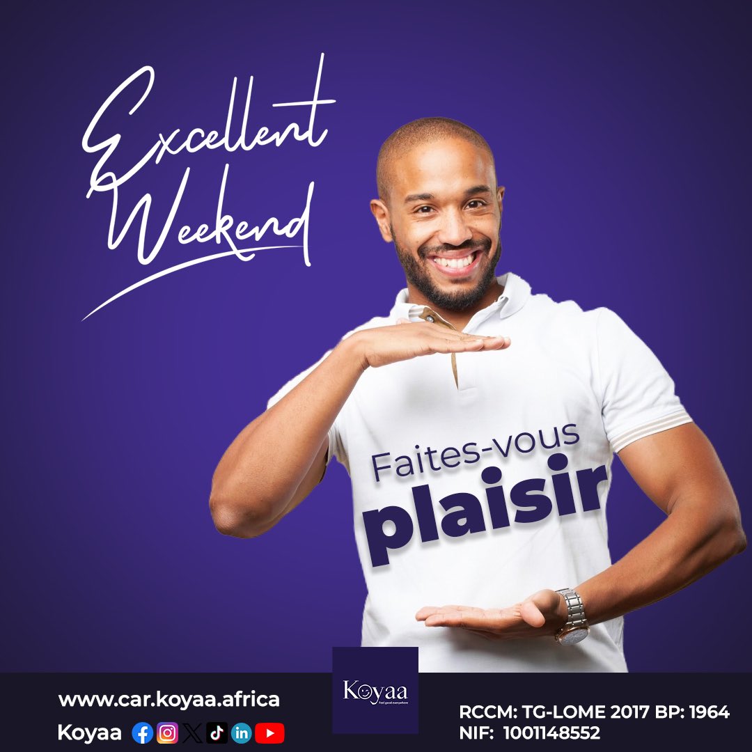 KoyaaService's tweet image. "✨ Le week-end est là, c'est le moment de vous faire plaisir avec Koyaa ! 😌🎉  
Explorez nos offres et laissez-nous sublimer vos moments. Bon week-end à tous 😎🚗 !  

#ExcellentWeekend #KoyaaAfrica #FaitesVousPlaisir"