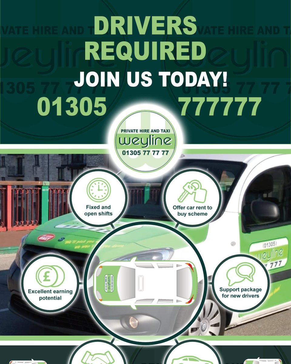 Taxi &amp; Private Hire Drivers, come and work with us. Five companies, one busy circuit. Call 01305 77 77 77 for more information