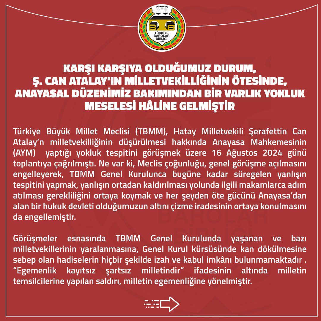 barolar's tweet photo. Karşı karşıya olduğumuz durum, Ş. Can Atalay’ın milletvekilliğinin ötesinde, anayasal düzenimiz bakımından bir varlık yokluk meselesi hâline gelmiştir.

👉 https://t.co/RRRXPlZxD1 https://t.co/ieUjzpz6Eb