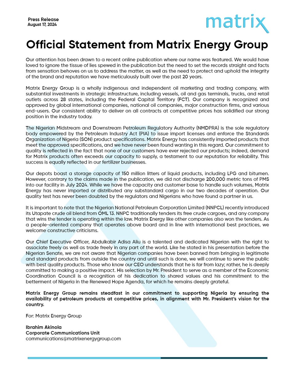 matrixenergyng's tweet photo. Our attention has been drawn to a recent online publication where our name was featured. 

Read our full statement to understand the facts &amp; our unwavering commitment to upholding the integrity of our brand. 
#MatrixEnergy #SettingTheRecordStraight #Integrity #CommitmentToQuality https://t.co/PlNd8IdI0z