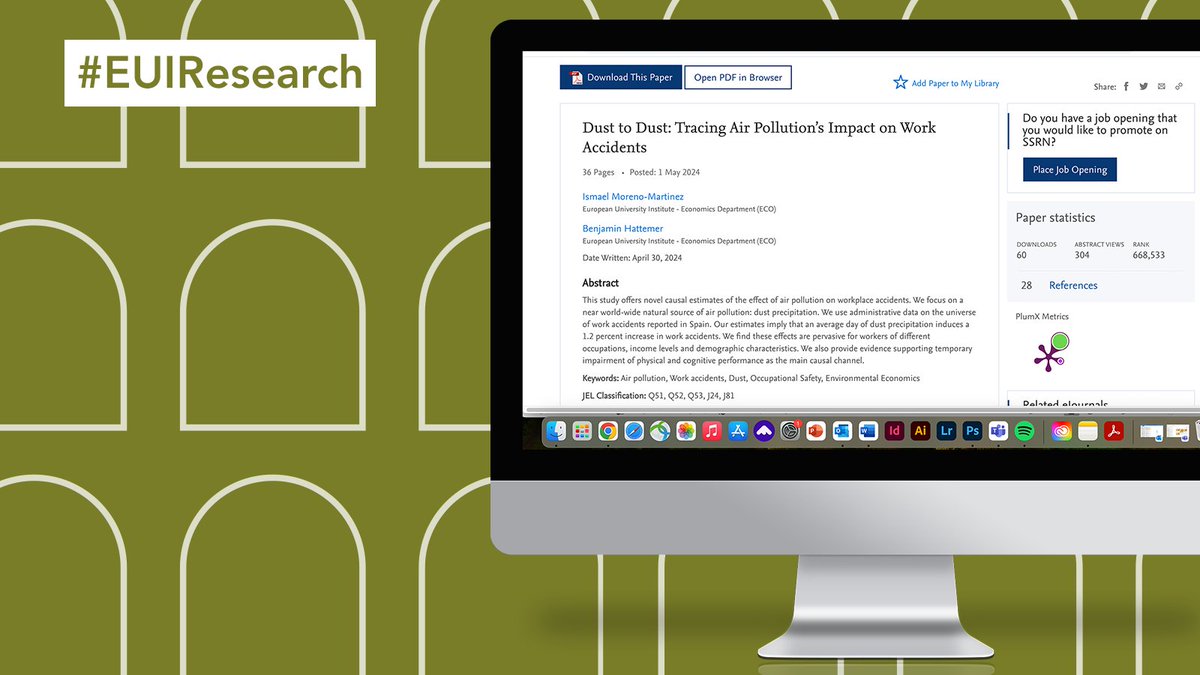 EUI_EU's tweet photo. 🏭 How does air pollution induce workplace accidents?
In this paper, @MorenoMartinezI and @BenjaminHa68520 @EUI_ECO find that an average day of dust increases the chances of work accidents by 1.2%.
📄 Read more in #EUIResearch: https://t.co/dRovDSshFR https://t.co/DzkfU8oyBm