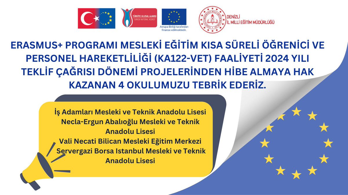 ArgeDenizli's tweet photo. Erasmus+ Programı 2024 Çağrı Yılında Hibe Almaya Hak Kazanan Toplam 10 Okul/Kurumumuzu Tebrik Ederiz.
@ulusalajans
@denizlimem
@emre_caliskan
@YTEMEL3 https://t.co/IgVlN9Dx6Q