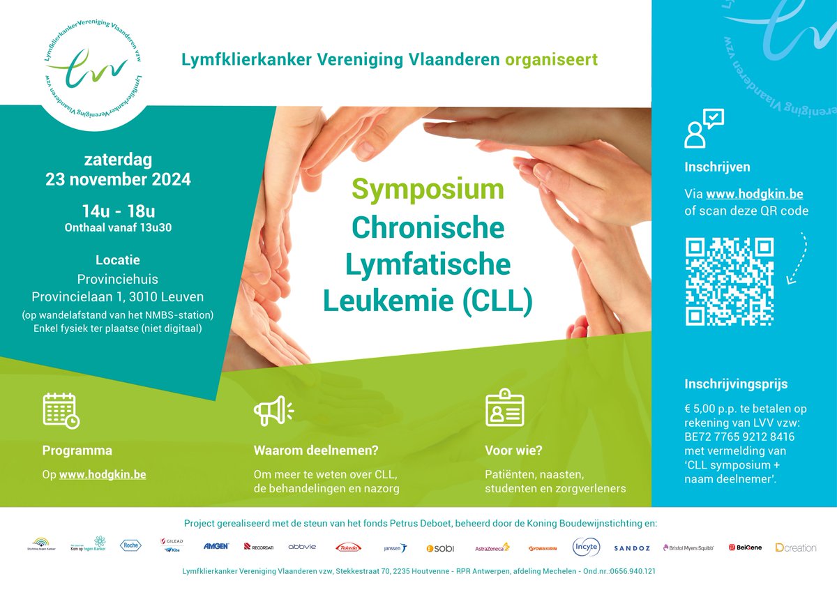 🗓 Op 23 november organiseren we in het provinciehuis te Leuven een symposium over CLL

🎤 Sprekers zijn prof. dr. Ann Janssens en prof. dr. Lucas Van Aelst van UZ Leuven en Marijke Quaghebeur van UZ Gent

Inschrijven via de QR-code 👇
