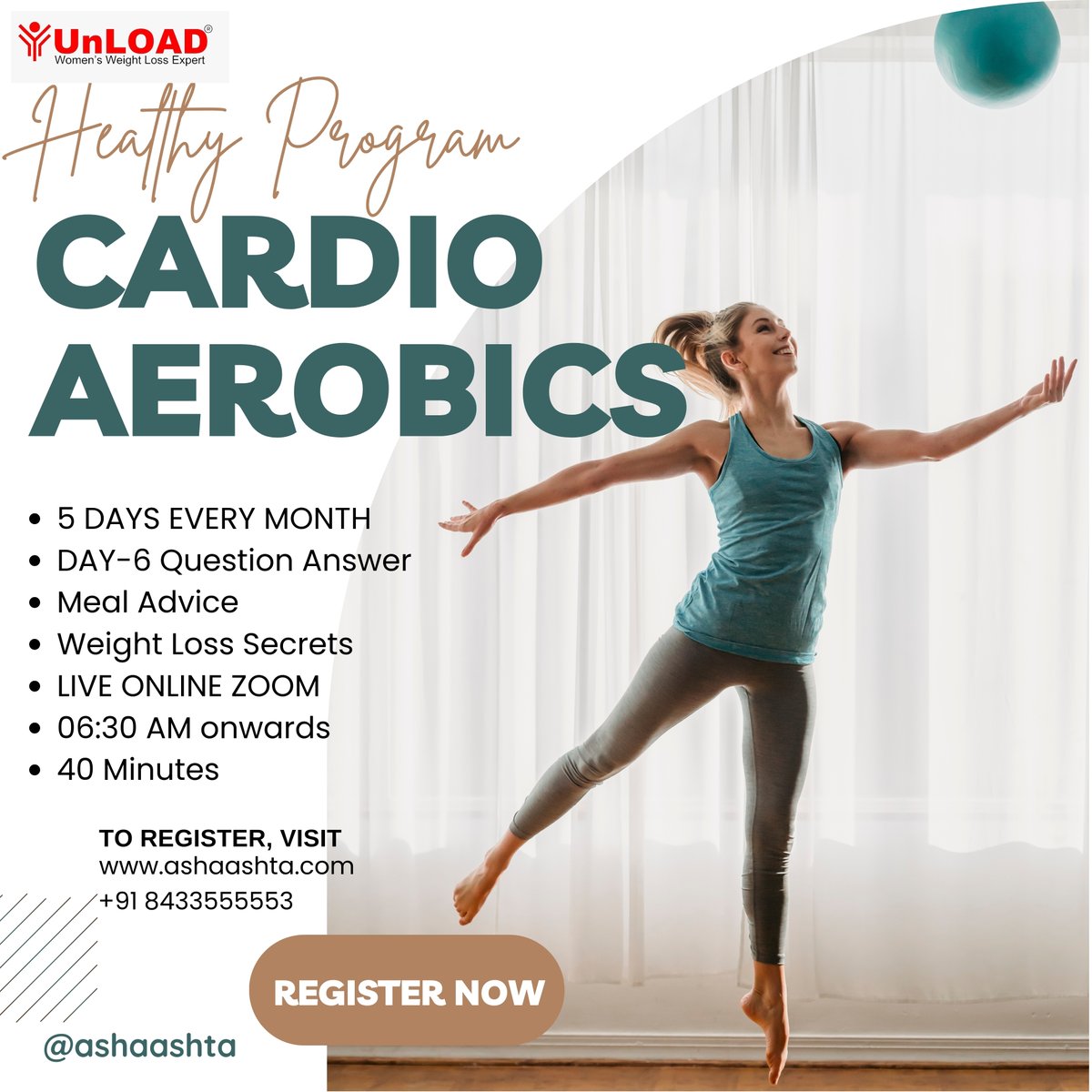 AshaAshta's tweet photo. FREE Cardio Aerobics.
This Month from 19 Aug 2024 to 23 Aug 2024.
40 Minutes | 400 kCal Burn | 4,000 Steps | 4 km | 4 kg Weight Loss in 4 Days.
visit https://t.co/722kmAOWF4. REGISTER NOW!
For Free Registration. Only Women.
For Detailed Workout Schedule Calendar for 2024. https://t.co/AGvnqXxN8Z