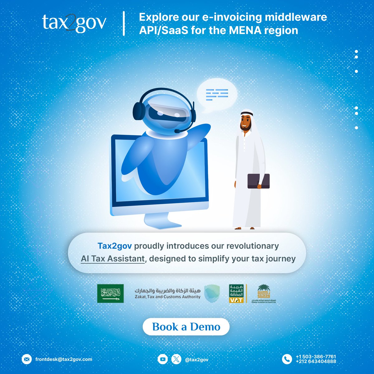 Tax2gov's tweet photo. Say goodbye to tax season stress! #Tax2gov introduces our AI Tax Assistant to simplify your tax journey. Get instant answers, 24/7 support, and stay compliant with #ZATCA_regulations. Tackle your taxes with confidence!

#ZATCA #AIAssistant #TaxTech #e_invoice #Fintech #ksa #tax https://t.co/jeNvVwKW4x