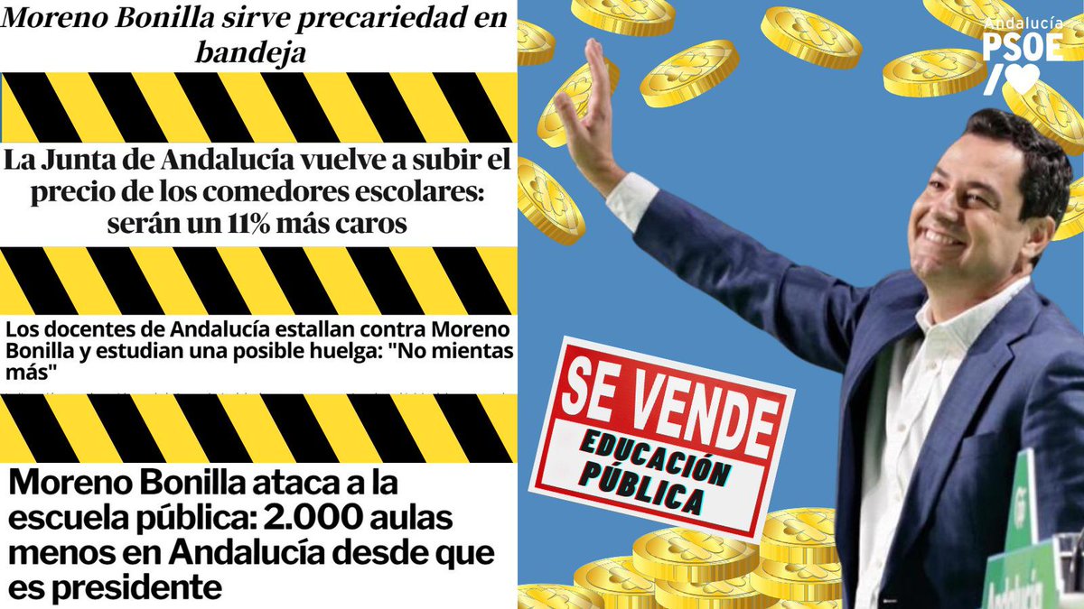 psoedeandalucia's tweet photo. 🤑 Subirse el sueldo hasta dos veces en año SÍ, promover una educación digna y de calidad, NO.

Juanma, Juanma, que los hechos te delatan... https://t.co/OUoKYK2iaX