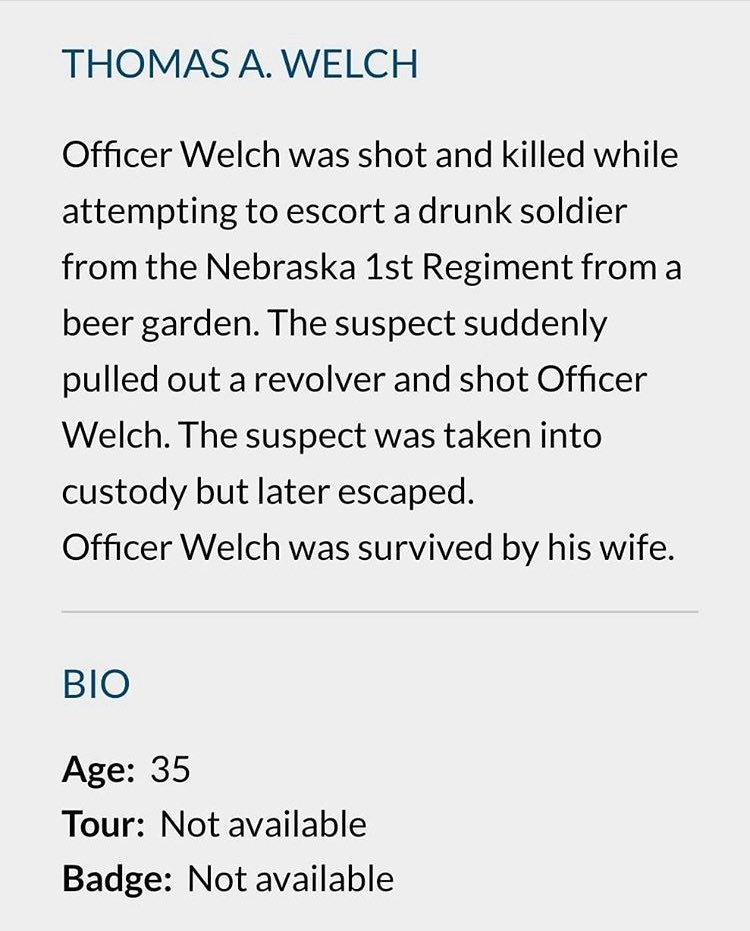 omahaPOA's tweet photo. Remember the Fallen. Today we remember Officer Thomas Welch who was shot and killed in the line of duty on this day in 1866 and Officer Larry Minard who was killed by an IED in the line of duty on this day in 1970. https://t.co/AxYkbZ6eeO