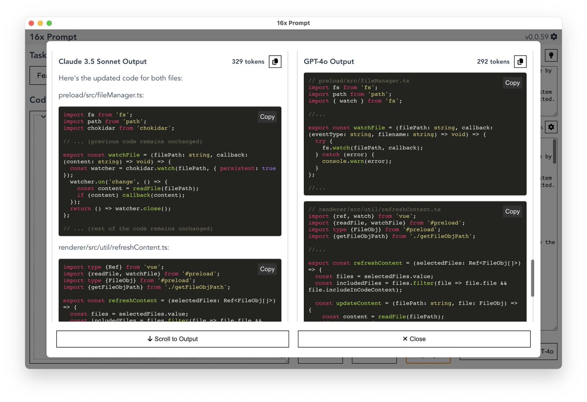 Comparison feature in 16x Prompt is really good for cases where one LLM (GPT-4o) is unexpectedly better than the leading LLM (Claude 3.5 Sonnet).