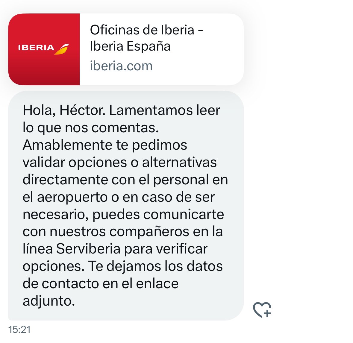 HctorGs's tweet photo. @Iberia @elmundoes @telecincoes @el_pais @rtve Voy a publicar la respuesta de @iberia con su indiferencia con respuesta genérica e idéntica a todos. Evidentemente, antes de llegar a este punto ya hemos tratado con Iberia en el aeropuerto (cuando están abiertos) y llamado a Serviberia (que nos busquemos la vida). ¡SOLUCIÓN YA! https://t.co/sCaDO0hscB