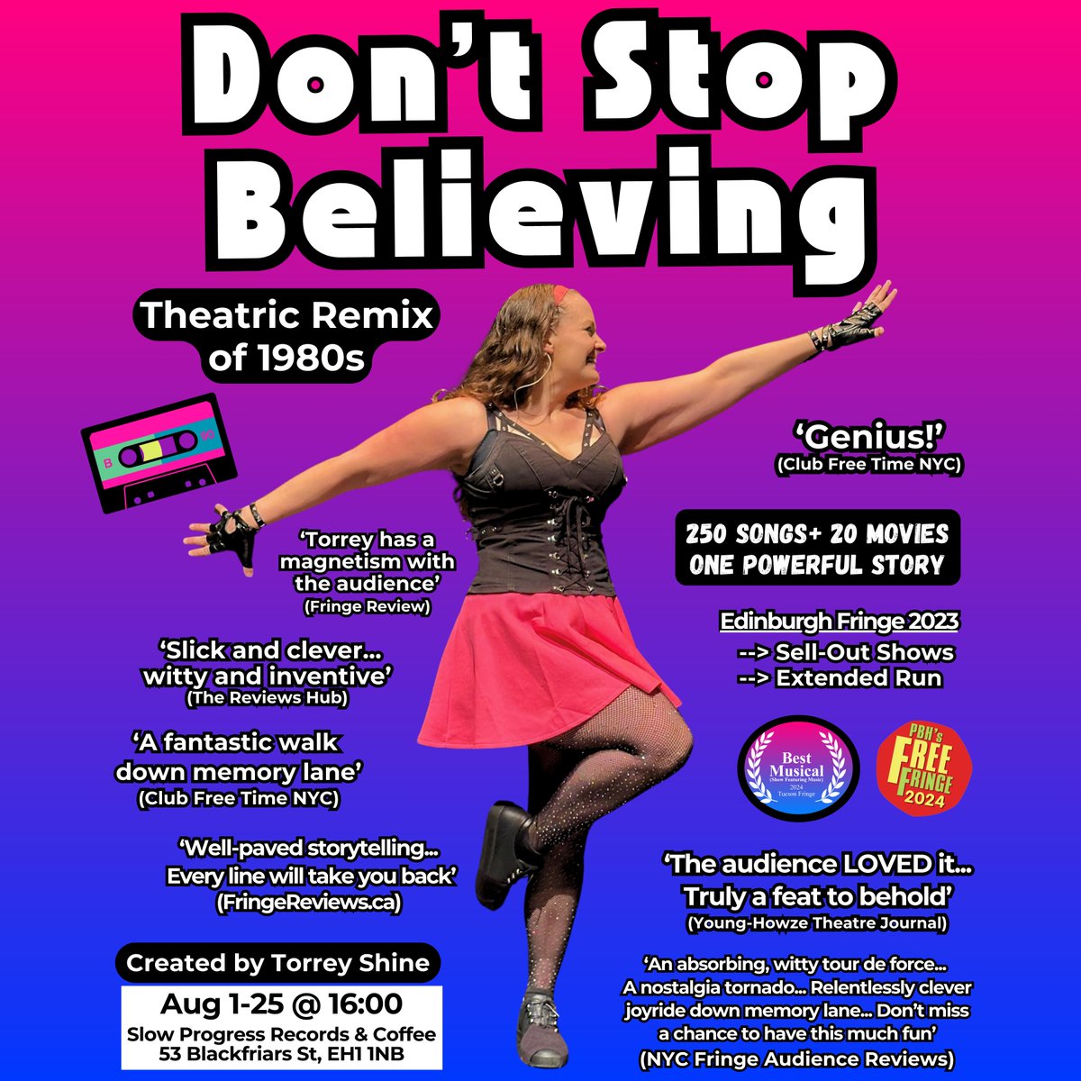TorreyShine's tweet photo. @_sarahmars @edfringe Come to my solo show "Don't Stop Believing: Theatric Remix of 1980s". Slow Progress Records (Blackfriars) @ 16:00. It's a heartfelt coming-of-age story infused with the music of the 1980s. @one4review just called it a "masterpiece... a genius piece of work". https://t.co/LdJU71bqLi